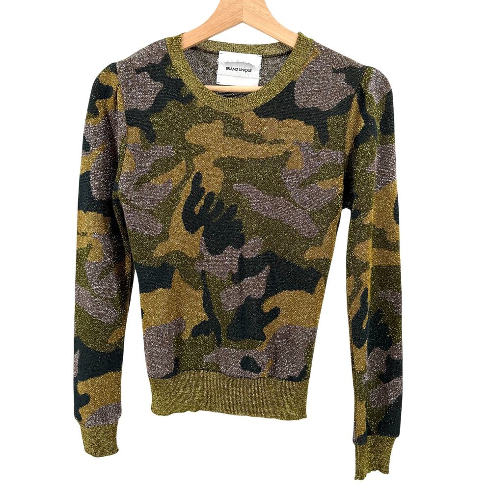 Brand Unique Metallic Gold Green Camo Print Puff Sleeve Sweater